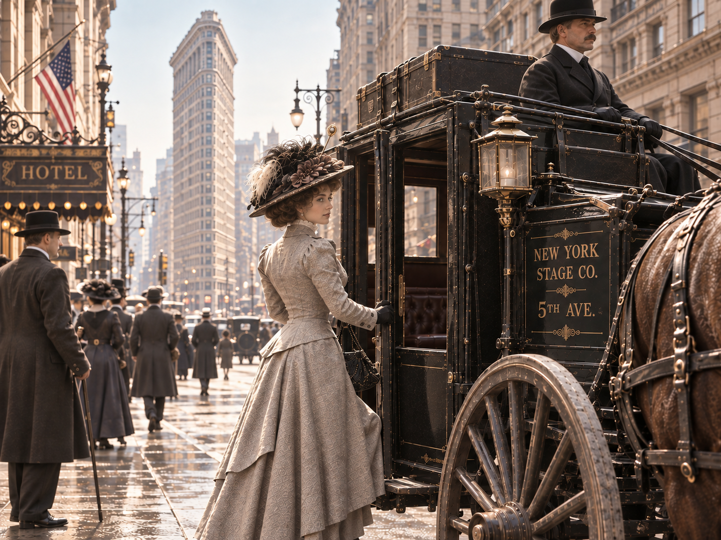 A woman in Edwardian dress steps toward a New York Stage Co. stagecoach on Fifth Avenue, the Flatiron Building visible in the background, the driver facing forward with the reins in hand