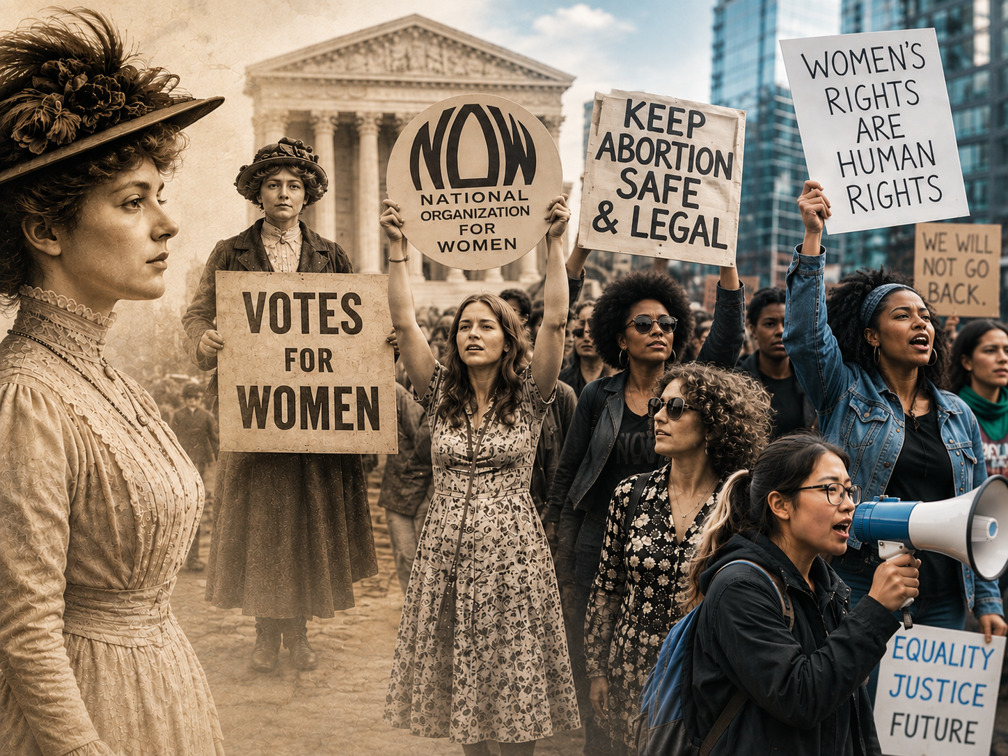 A sepia composite of women across a century of activism — an Edwardian suffragist, a 1970s marcher, and a modern protester with a megaphone